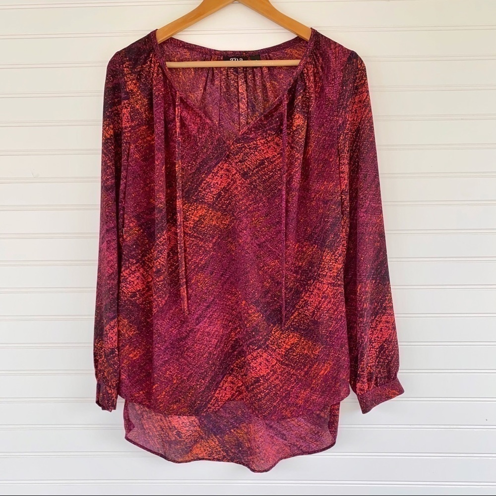 a.n.a Blouse XS Magenta Orange Abstract Print Long Sleeve Tie Neck High‎ Low Top